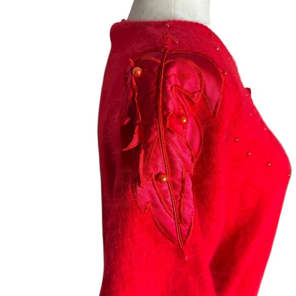 Vintage Fontaine Knit Red Angora Pullover Sweater Beaded Leaf Applique - Picture 6 of 7